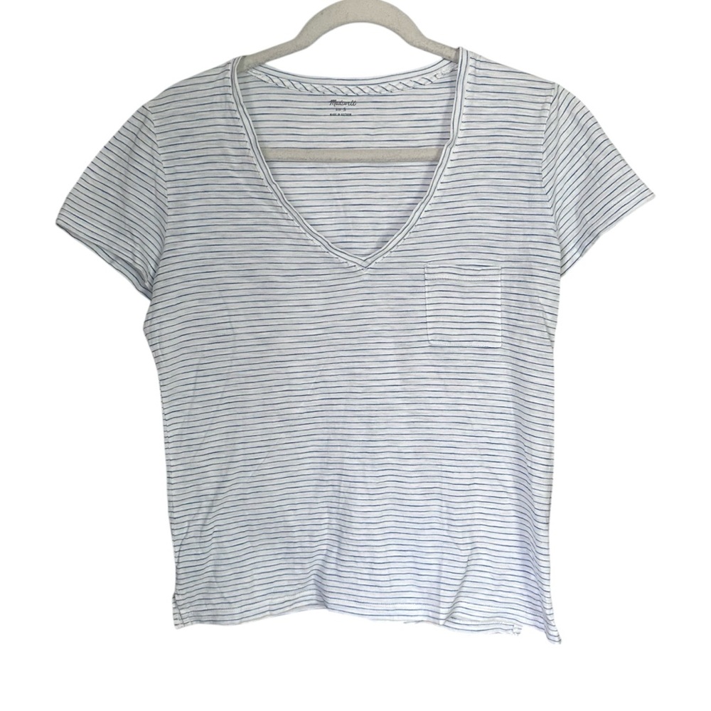 Madewell Women's Sz S White Blue Striped V-Neck Short Sleeve Pullover Semi sheer